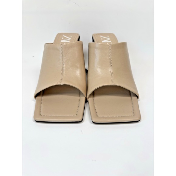 Zara Leather Sandals Womens 40 Beige Tan Heels Mules Squared Toe Slip On 90s Y2K - Picture 2 of 7